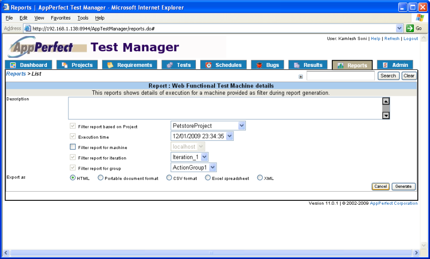 Cloud Testing : Test Manager filter reports view
