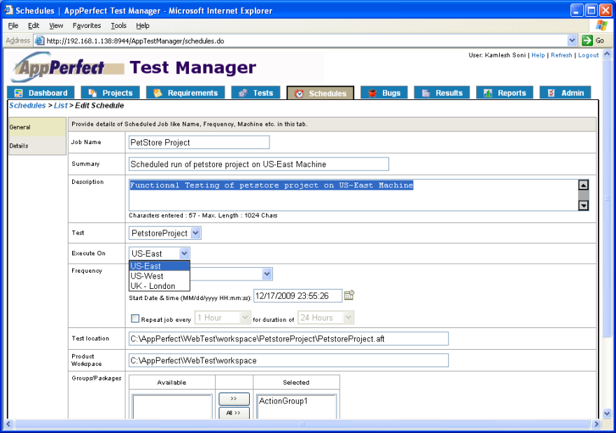 Cloud Testing : Test Manager, schedules view